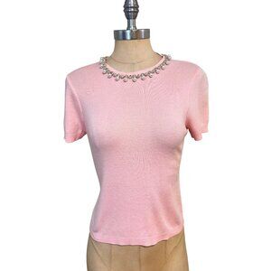 Flora Bea Pink Short-Sleeve Sweater With Pearl & Rhinestone Neckline  Small